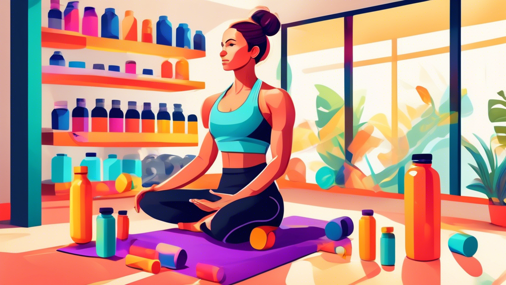 Create an image showcasing a fitness enthusiast in a modern gym environment, surrounded by various vibrant, high-quality supplement bottles labeled for improving workout flexibility. Include elements