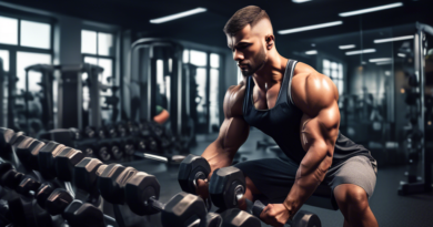 Create an image of a fit individual in workout attire lifting weights in a modern gym setting. They have a focused expression and appear energized. Surrounding them, on a sleek gym bench, are various
