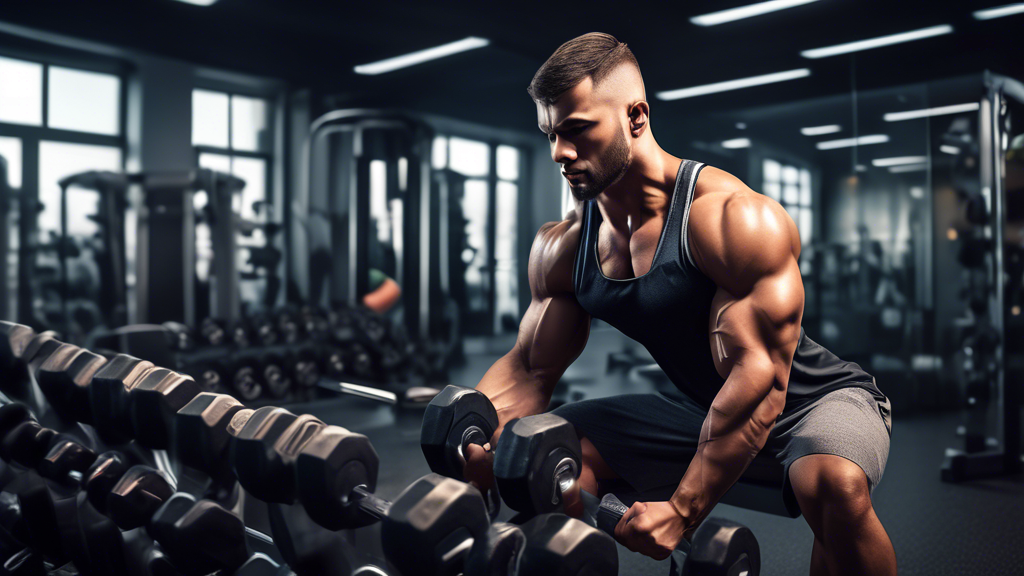 Create an image of a fit individual in workout attire lifting weights in a modern gym setting. They have a focused expression and appear energized. Surrounding them, on a sleek gym bench, are various