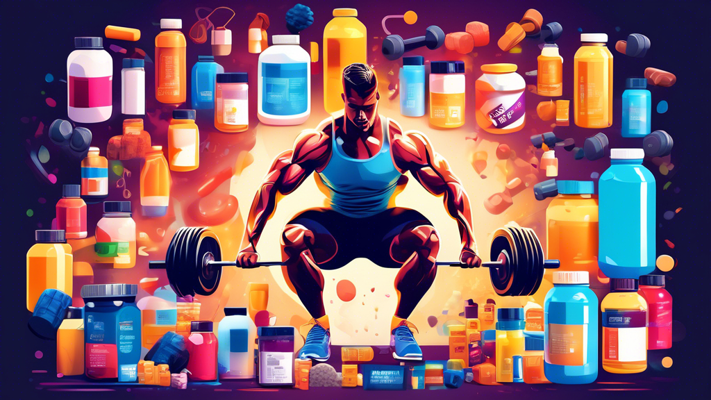 Create an image of a fit athlete surrounded by various workout supplements, such as protein powder, creatine, and vitamins. The athlete should be lifting weights in a modern gym setting, with bright l