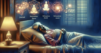 An image of an older adult peacefully sleeping in bed, surrounded by soothing symbols of Cognitive Behavioral Therapy techniques such as a journal, relaxation music notes, and a breathing exercise gui