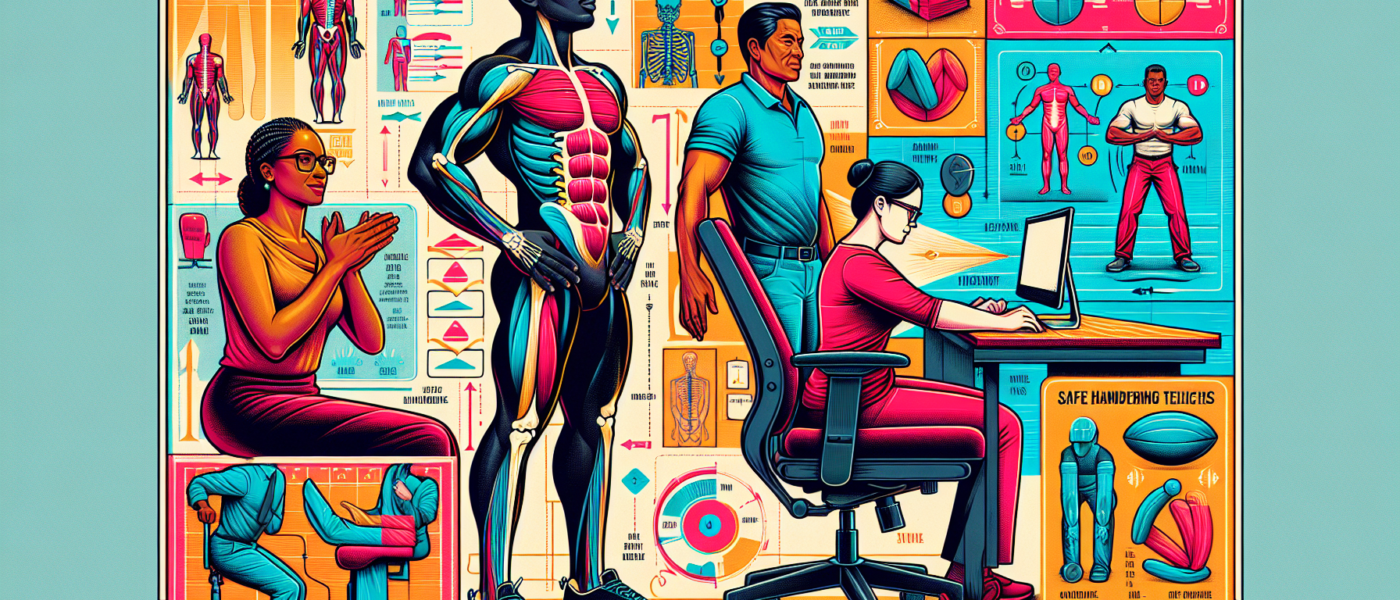 A detailed illustration of a person demonstrating proper posture while standing, sitting at a desk, and lifting a heavy object. The background should include clear markers and guidelines showing corre