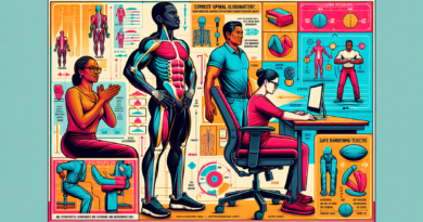 A detailed illustration of a person demonstrating proper posture while standing, sitting at a desk, and lifting a heavy object. The background should include clear markers and guidelines showing corre