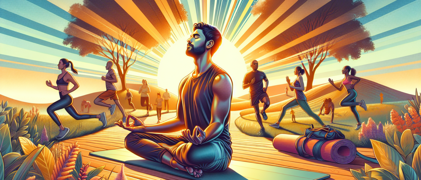 Create an image that illustrates the combination of meditation and physical fitness. Show a serene outdoor setting such as a park or nature trail at sunrise. In the foreground, a person is sitting cro