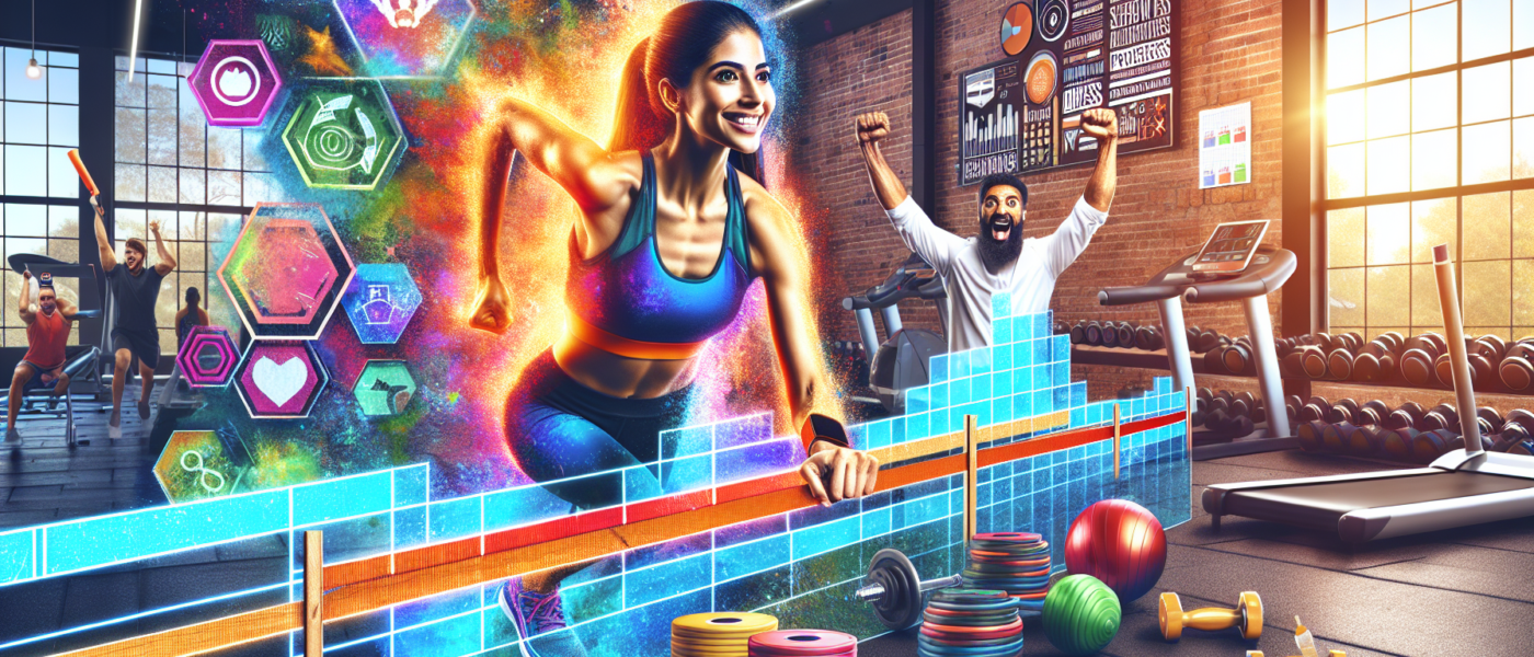Create an image of a determined athlete breaking through an invisible barrier that symbolizes a fitness plateau. The scene should be set in a vibrant gym with various exercise equipment in the backgro