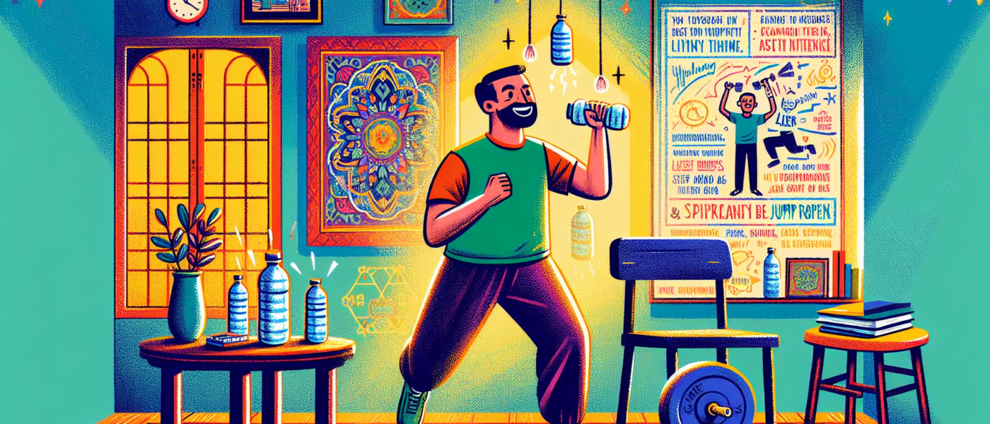 Create an image of a person working out in a modest home environment, using everyday household items as exercise equipment, like lifting water bottles as weights, doing push-ups with a chair, and usin