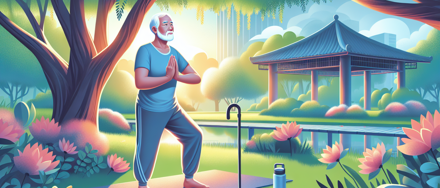 Create an illustration of an elderly person with arthritis engaging in gentle exercises such as yoga, swimming, or walking with a supportive cane in a serene park setting. Highlight a positive atmosph