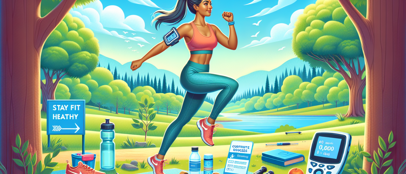 A vibrant and inspiring illustration of a person with diabetes engaging in various fitness activities such as jogging, yoga, and weightlifting, set in a picturesque outdoor park. The individual is wea