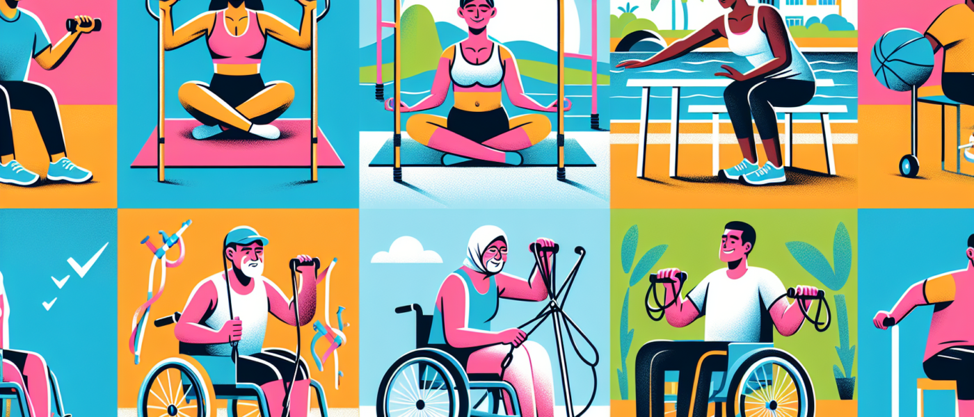 Create an illustration showing various activities and exercises that individuals with limited mobility can engage in to stay fit. Depict a diverse group of people using wheelchairs, walkers, and other