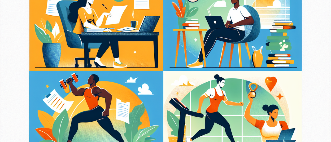 Create an illustration that shows a person juggling different elements of a busy lifestyle while incorporating fitness activities. Include scenes like someone working at a desk with a pair of dumbbell