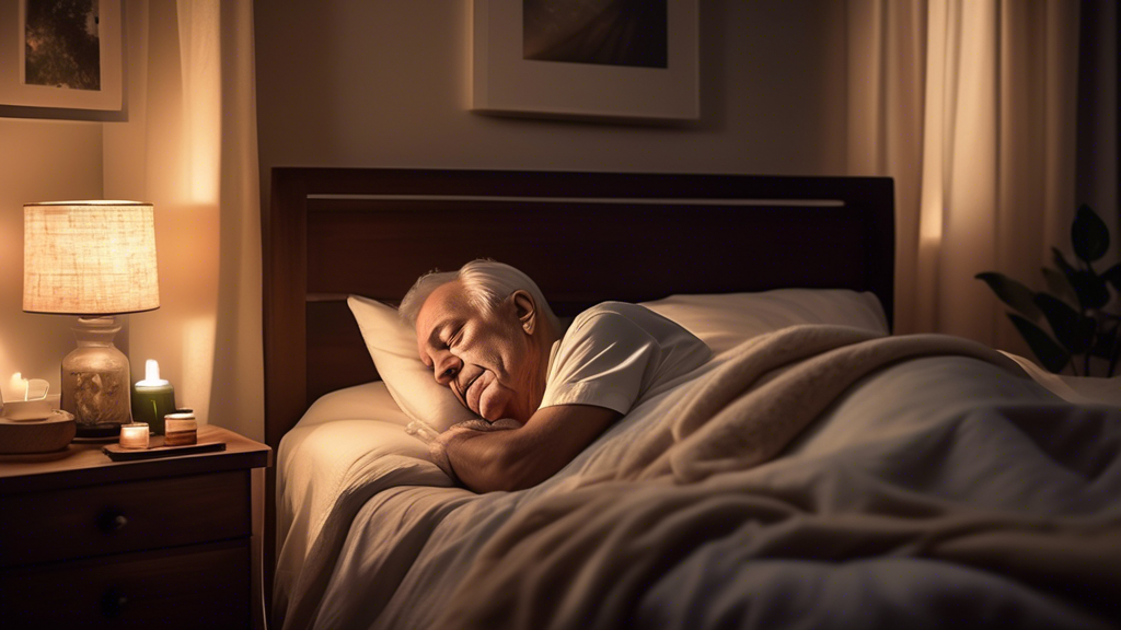 An image of an elderly man sleeping peacefully in a cozy, well-decorated bedroom. The setting includes dim lighting, a comfortable bed with soft pillows, a