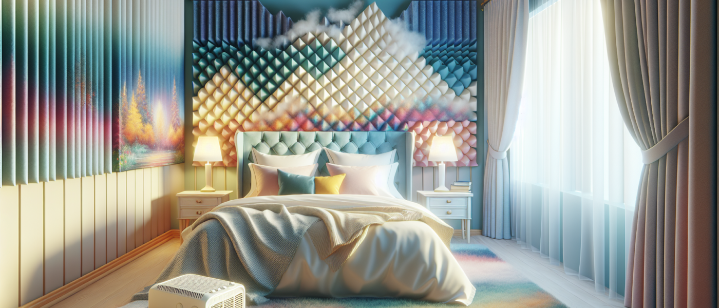 Create an image of a cozy bedroom with soft, calming colors and sound-absorbing decor like thick curtains, padded headboards, and plush carpeting. Highlight elements such as a white noise machine on a
