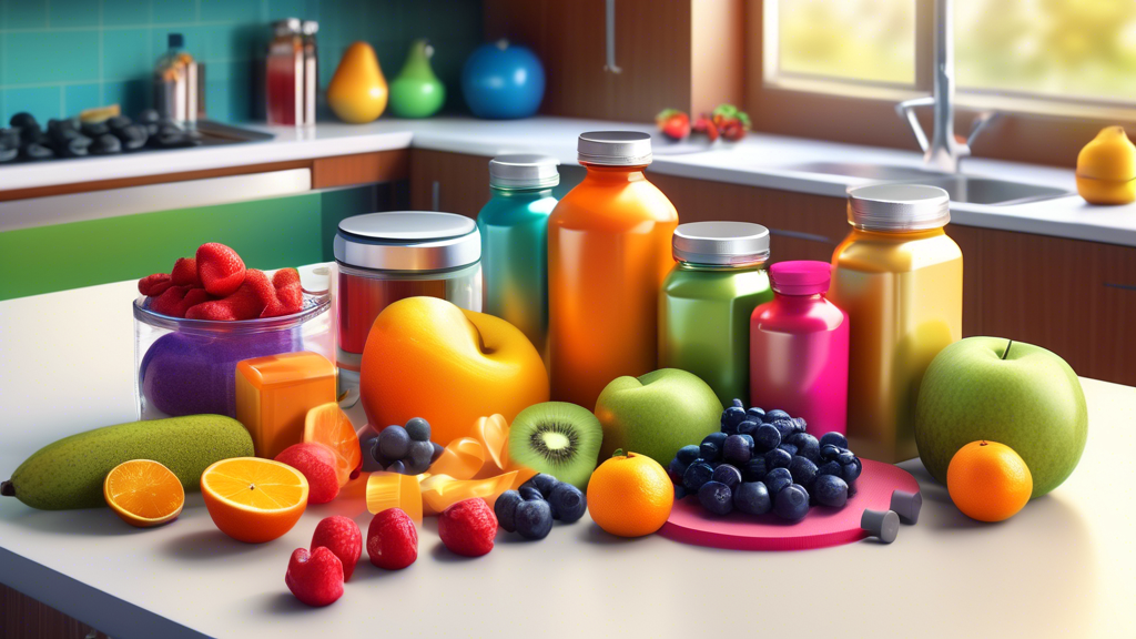 Create a vibrant and detailed image of a well-organized kitchen counter with various supplement containers labeled for exercise flexibility. Include colorful fruits, a yoga mat, and a pair of dumbbell