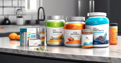 Create a digital illustration of a clean, modern kitchen countertop with neatly organized supplements designed for exercise performance. The products should include protein powder, creatine, omega-3 c