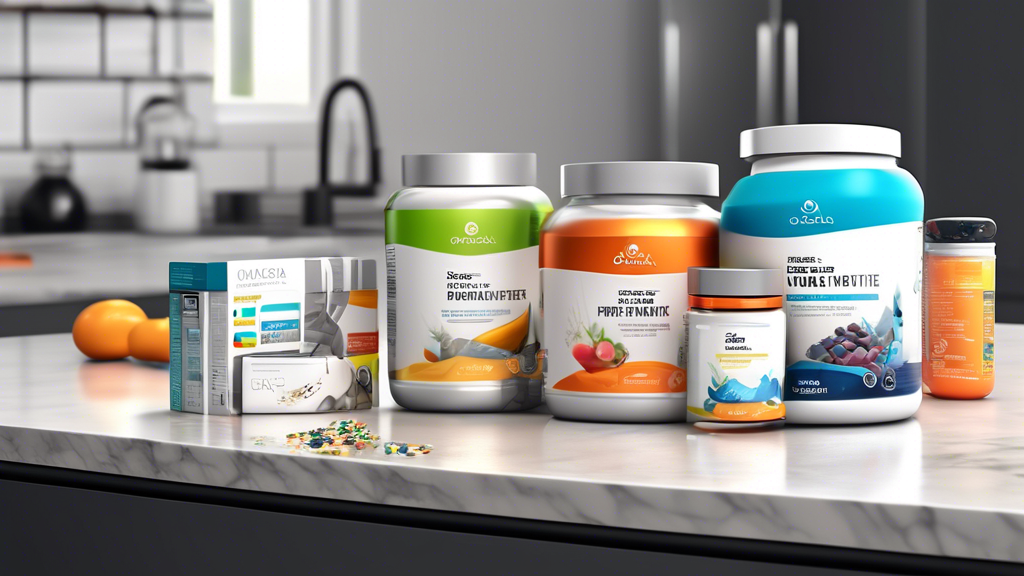 Create a digital illustration of a clean, modern kitchen countertop with neatly organized supplements designed for exercise performance. The products should include protein powder, creatine, omega-3 c