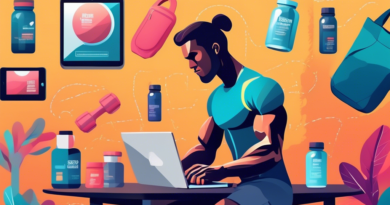 Create an image of a person browsing an online store on a laptop or tablet, with the screen showing various supplements designed for muscle endurance. The person should look athletic and focused, mayb
