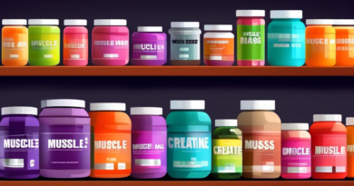 Create an image of a well-organized gym shelf stocked with various supplements labeled Muscle Mass, including protein powders, creatine, and amino acids. The background should feature a modern fitness