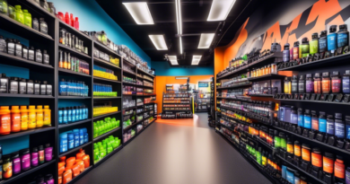 Create an image depicting a visually appealing fitness store with shelves stocked with various exercise supplements. Showcase vibrant, well-labeled bottles and containers featuring words like Enduranc