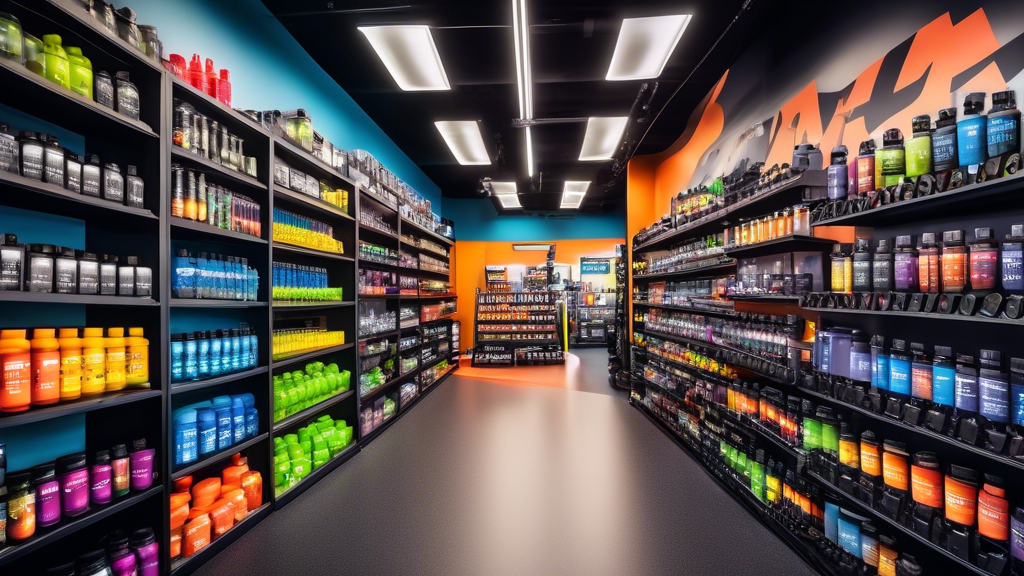 Create an image depicting a visually appealing fitness store with shelves stocked with various exercise supplements. Showcase vibrant, well-labeled bottles and containers featuring words like Enduranc