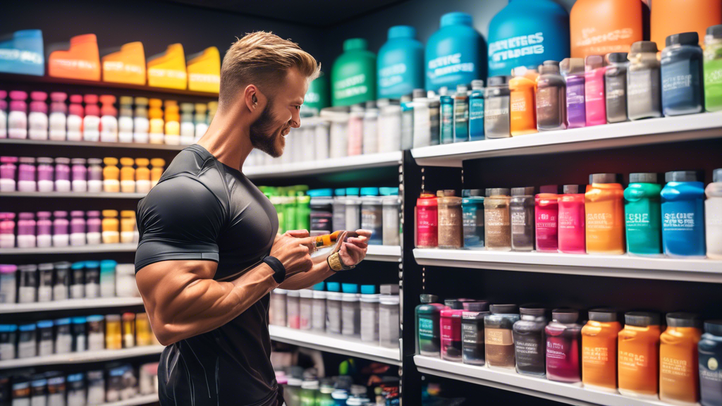 Create an image of a well-organized, modern fitness store with a variety of colorful supplement bottles and containers on display. In the foreground, a fit individual in workout attire is happily choo