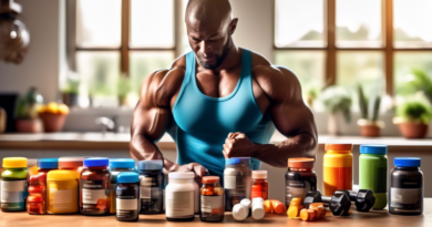 A vibrant display of various supplements and vitamins arranged neatly on a wooden table, with a fit and muscular individual holding a dumbbell in the background. The setting is in a bright, modern kit