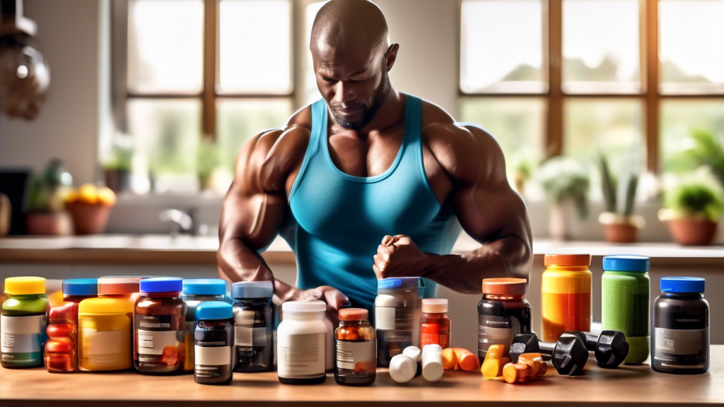 A vibrant display of various supplements and vitamins arranged neatly on a wooden table, with a fit and muscular individual holding a dumbbell in the background. The setting is in a bright, modern kit