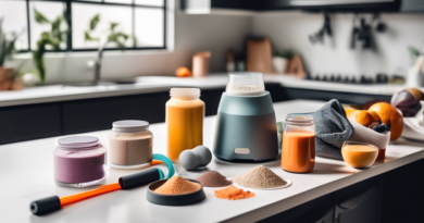 Create an image showing a sporty, well-organized kitchen with a variety of protein powders, recovery supplements, and vitamins neatly arranged on a countertop. Include some workout gear like resistanc
