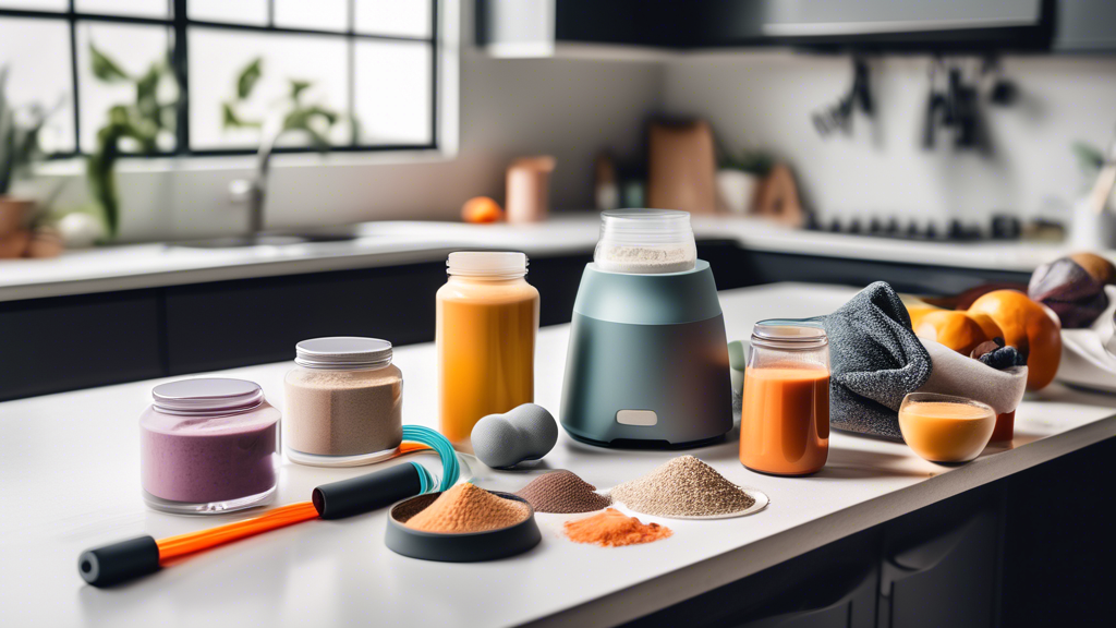 Create an image showing a sporty, well-organized kitchen with a variety of protein powders, recovery supplements, and vitamins neatly arranged on a countertop. Include some workout gear like resistanc