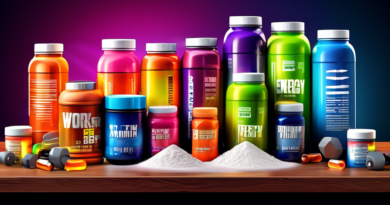 Create an image depicting a variety of workout supplements arranged neatly on a gym bench. Include protein powder, energy drinks, vitamin bottles, and energy bars. The scene should be set in a modern