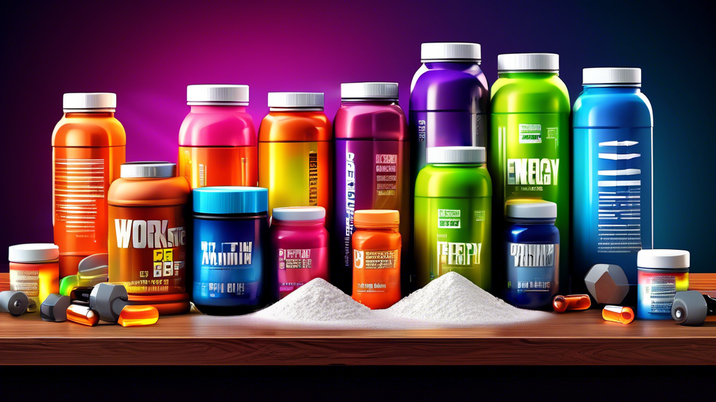 Create an image depicting a variety of workout supplements arranged neatly on a gym bench. Include protein powder, energy drinks, vitamin bottles, and energy bars. The scene should be set in a modern