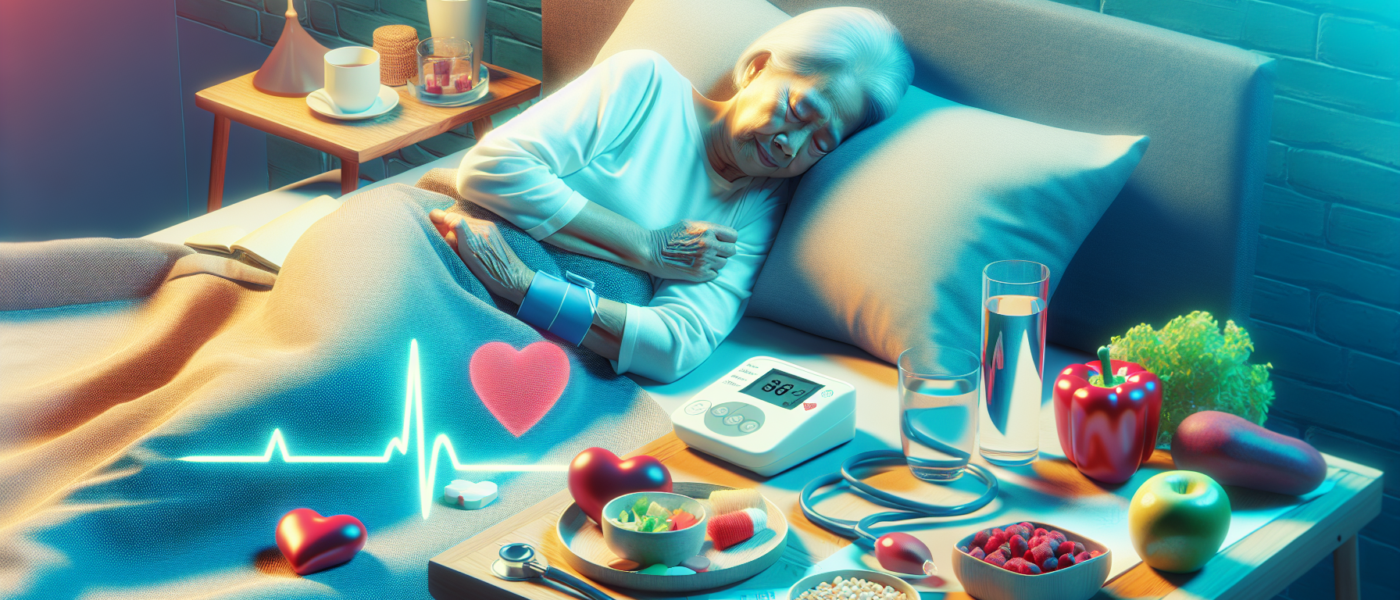 An elderly person sleeping peacefully in a cozy bedroom, surrounded by elements symbolizing blood pressure regulation, like a heart monitor, healthy foods on a bedside table, a glass of water, and a s