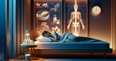 A serene bedroom scene with soft, ambient lighting. A person is peacefully sleeping on a supportive mattress surrounded by elements symbolizing strong bones, such as a medical illustration of healthy