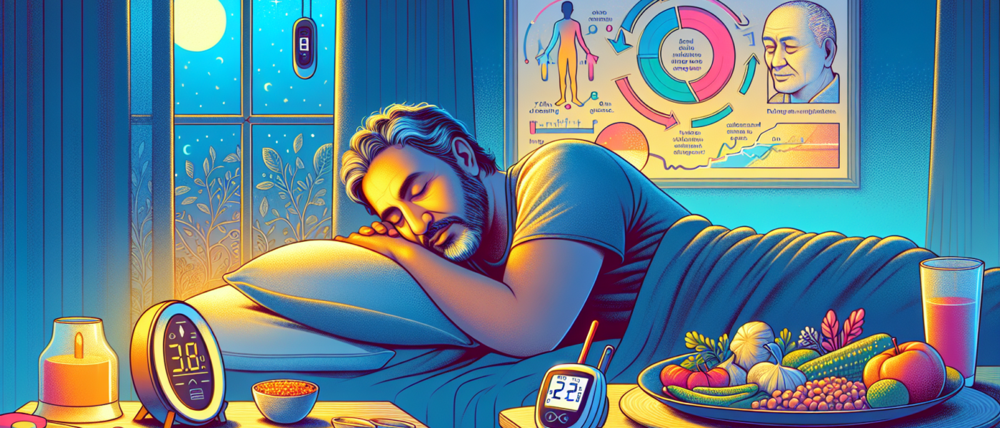 Create an image of a serene bedroom scene with a man in his early 50s peacefully sleeping, surrounded by soft ambient lighting. On the bedside table, include items like a glowing alarm clock showing 7