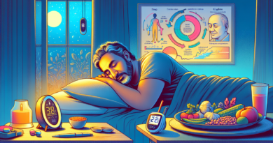 Create an image of a serene bedroom scene with a man in his early 50s peacefully sleeping, surrounded by soft ambient lighting. On the bedside table, include items like a glowing alarm clock showing 7