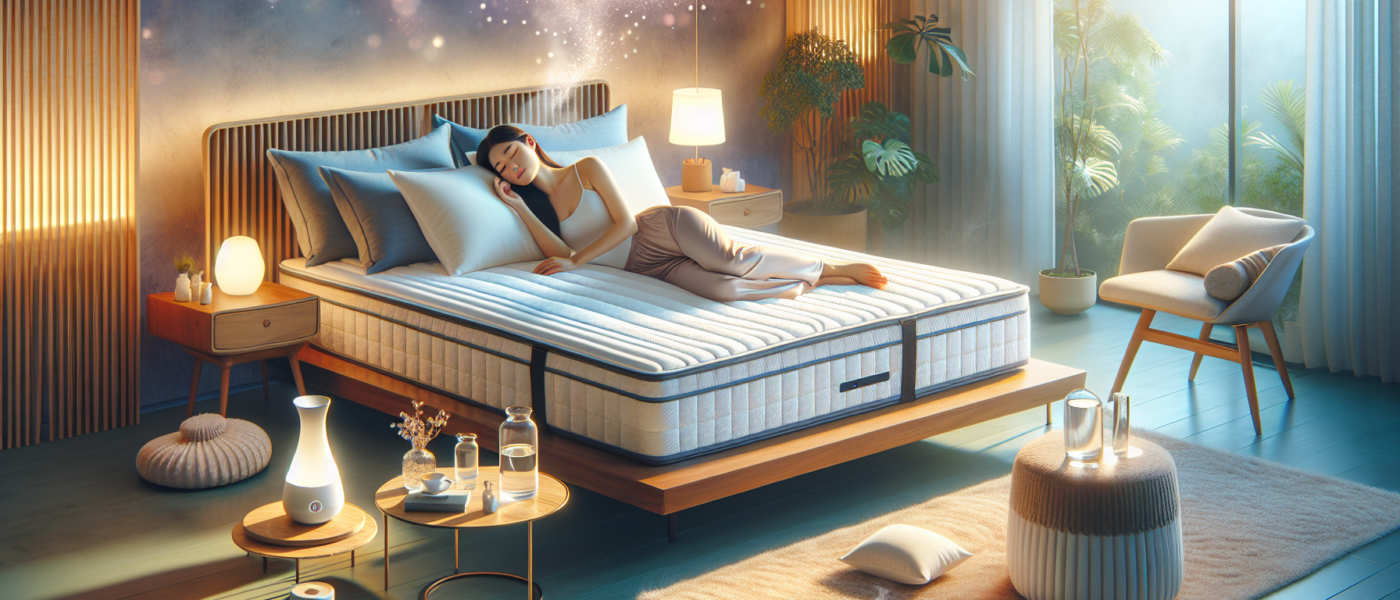 Create an image of a cozy bedroom with a comfortable, ergonomic mattress and pillows designed to support joint health. The room is softly lit, with a person peacefully sleeping, highlighting their rel