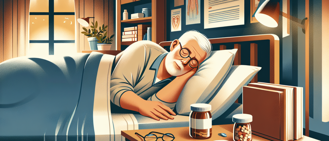 Create a detailed illustration of an older man peacefully asleep in his bedroom, with a nightstand beside his bed showcasing various medications. The background should subtly indicate a health book or
