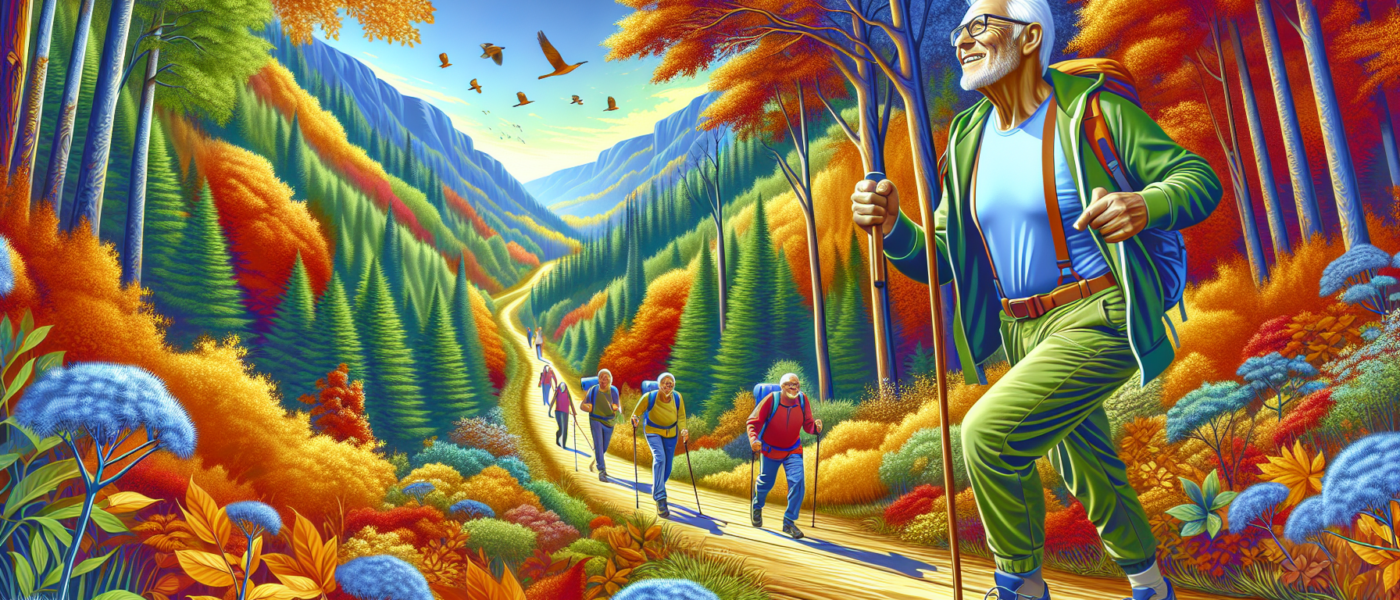 A vibrant, scenic trail through a lush forest during autumn, with an older man walking energetically with a sturdy hiking stick. He is dressed in appropriate hiking gear and has a joyful, healthy expr