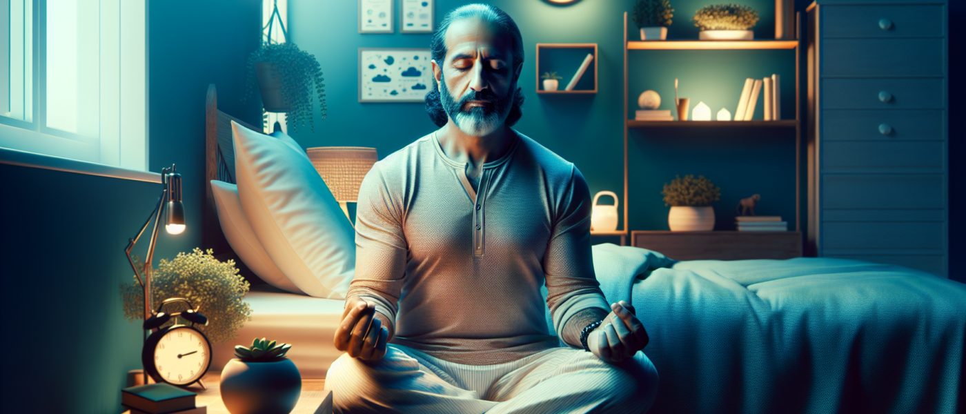 Create a tranquil scene of a man in his 50s sitting in a peaceful, softly lit bedroom at night, practicing meditation. The room should have elements like a comfortable bed, nightstand with a clock sho