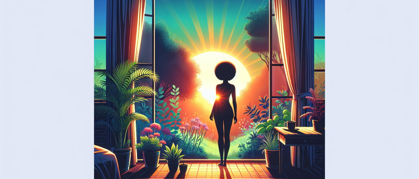 Create an image of a person standing by a large window in the early morning, bathed in the soft glow of the sunrise. The room is cozy, with potted plants and a cup of coffee on a nearby table. Outside