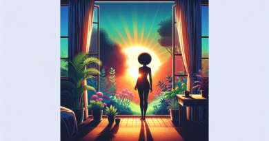 Create an image of a person standing by a large window in the early morning, bathed in the soft glow of the sunrise. The room is cozy, with potted plants and a cup of coffee on a nearby table. Outside