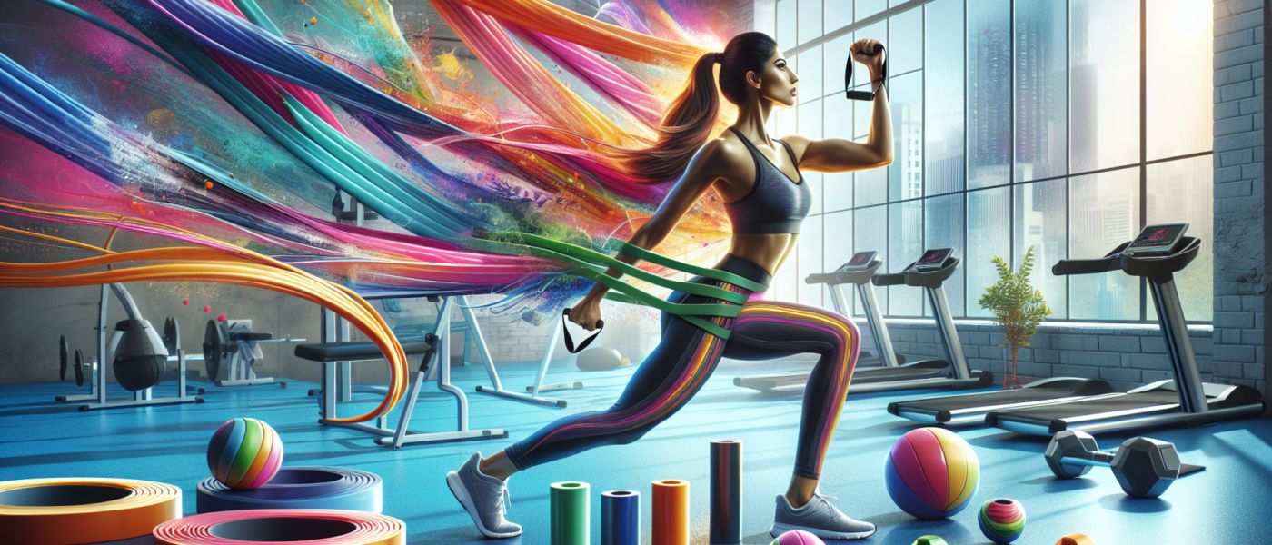 Create an image showing a person working out in a bright, modern gym using colorful resistance bands for various exercises. There should be multiple types of bands (loop, tube, figure-8), highlighting