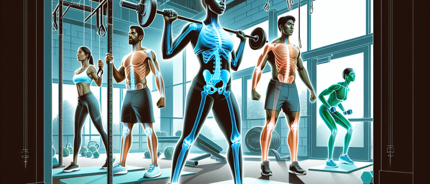 Create an image showing a diverse group of people engaging in various strength training exercises, such as lifting weights and using resistance bands, in a modern gym setting. Emphasize healthy, stron
