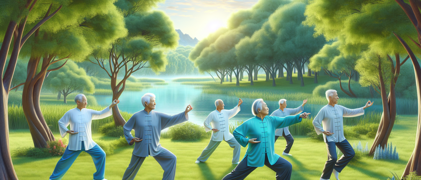 Create an image of older men practicing Tai Chi in a serene park setting with lush green trees and a calm pond in the background. The men exhibit various graceful Tai Chi poses, reflecting a sense of