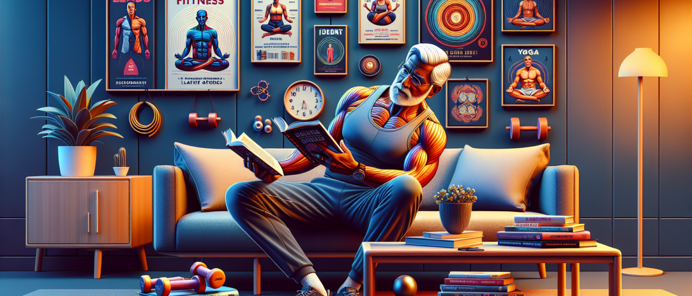 A vibrant, well-lit scene of an older man in his late 60s or early 70s, sitting comfortably in a cozy, modern living room. He's surrounded by a selection of fitness books on a coffee table and bookshe