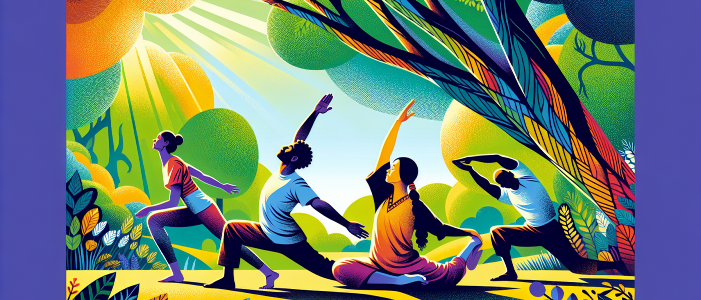 Create an image showcasing a diverse group of people in a serene outdoor setting, each engaged in various stretching routines. Include yoga poses, hamstring stretches, arm stretches, and dynamic stret