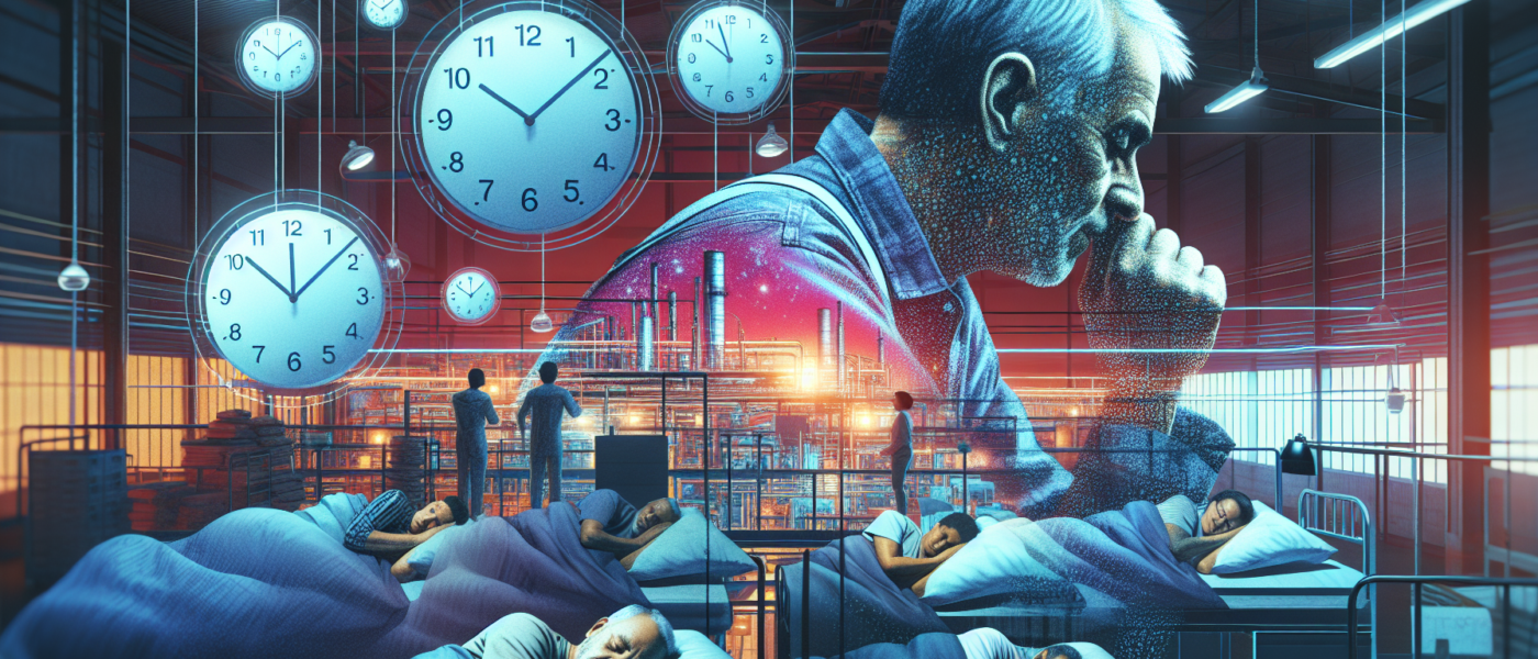 An older man working a night shift at a factory, illuminated by industrial lighting, with a transparent overlay showing his sleep cycle disruption through a sequence of clocks and restless nights, con