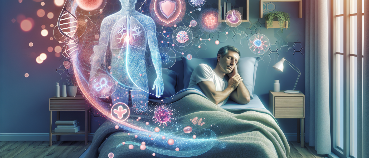 Create an image depicting a man over 50 sleeping peacefully in a cozy bedroom. Surround him with subtle, glowing symbols representing a strong immune system, such as shields, white blood cells, and DN