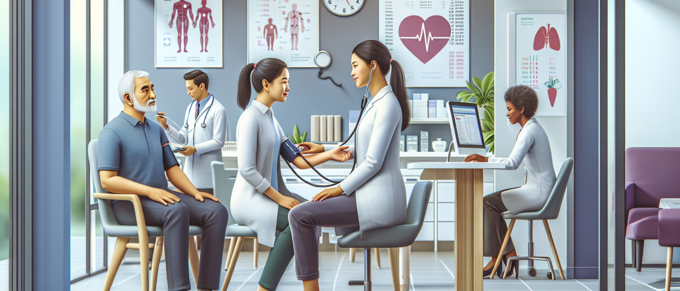 Create an image of a friendly, modern medical clinic with smiling doctors and patients. The scene should include various elements such as a patient getting their blood pressure checked, another patien