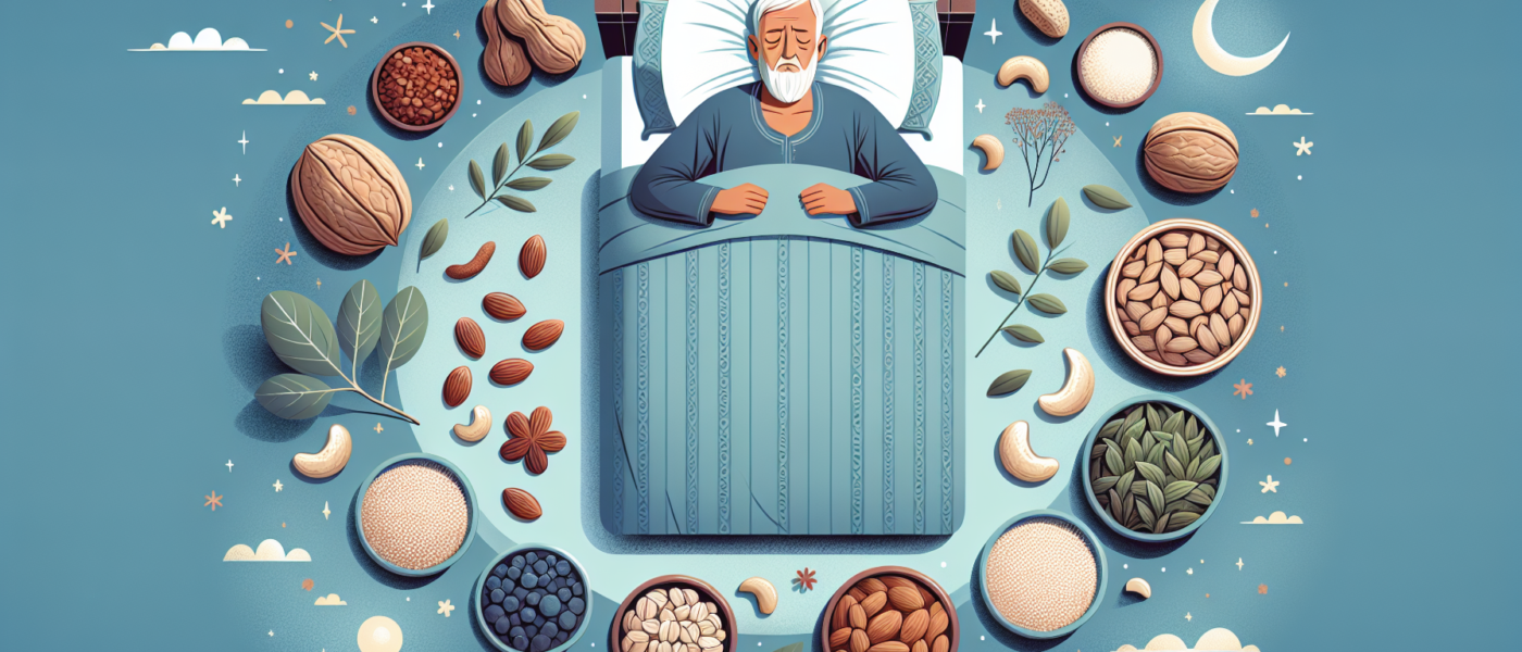 Create an image depicting an elderly man peacefully sleeping, with magnesium supplements and foods rich in magnesium (like nuts, dark leafy greens, and seeds) surrounding him, symbolizing their connec