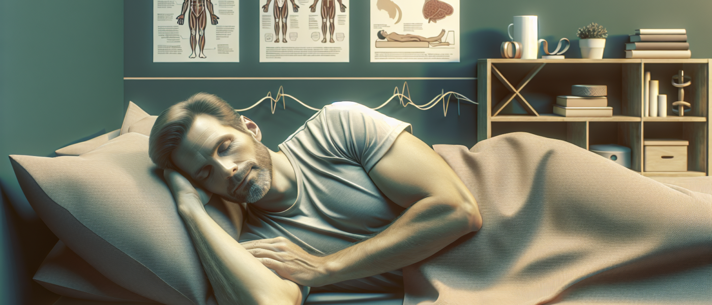 Create a detailed illustration of a man in his early 50s lying comfortably in bed with a relaxed expression, showing signs of peaceful sleep. Around the bedroom, depict various elements of physical th